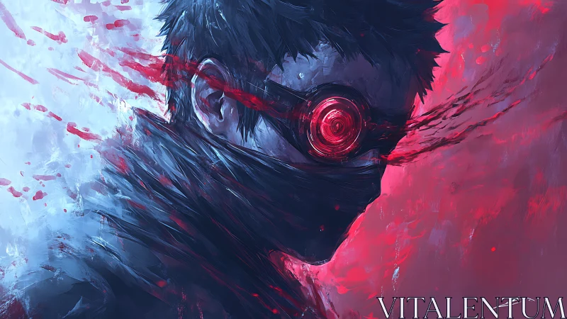 Masked cyberpunk figure with glowing red monocle stands divided