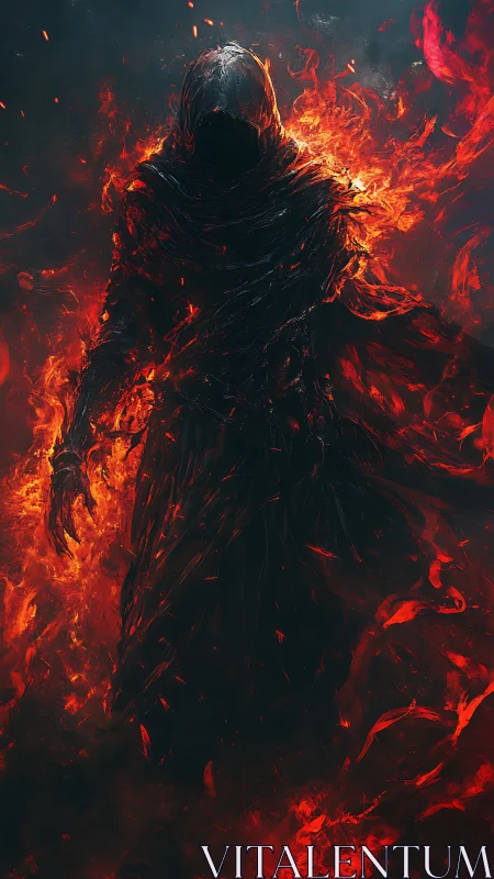 Shrouded flame wraith emerging from swirling inferno.
