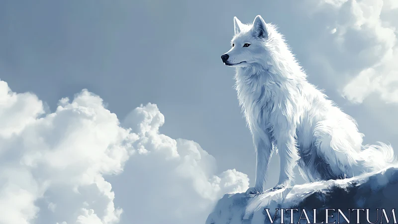 Aerodynamic arctic wolf sentinel on stratiform cloud ledge.