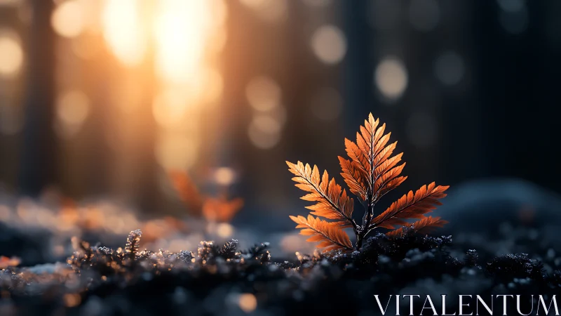 Small orange fern emerges from forest floor in backlight