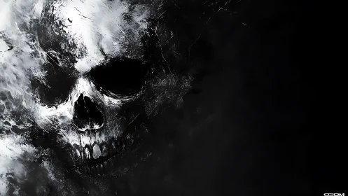 Skull emerges from abstract darkness in high-contrast monochrome