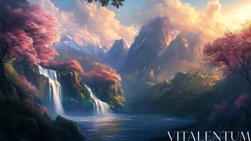 Dreamlike waterfall valley glows beneath towering sunrise peaks