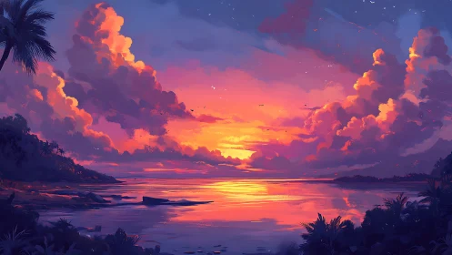 Vivid tropical coastline under a glowing sunset sky.