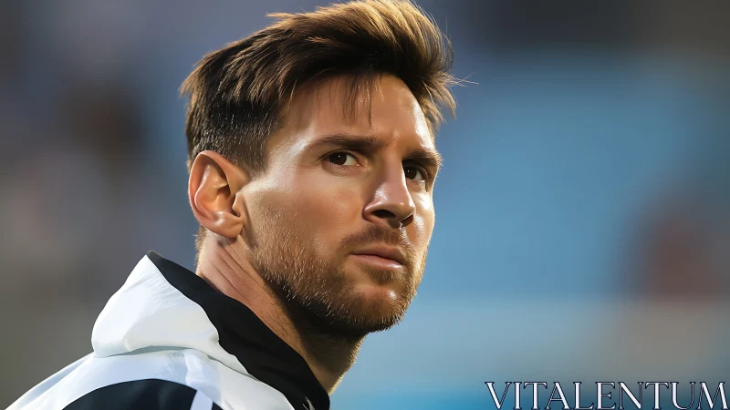 Telephoto sideline portrait under diffused stadium daylight.