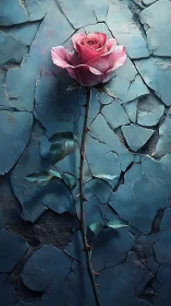 Solitary pink rose stands against fractured blue stone wall