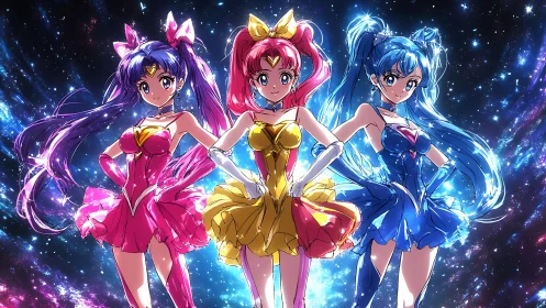 Starlit trio of cosmic magical girls in neon battle poise.