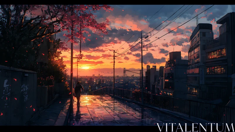 Wet urban slope at sunset with rim-lit figure and aerial cables