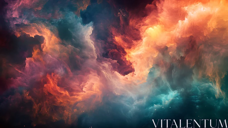 Nebula clouds swirl in vivid cosmic fire and mist.