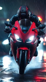 Motorcyclist rides sport bike through wet city street at night
