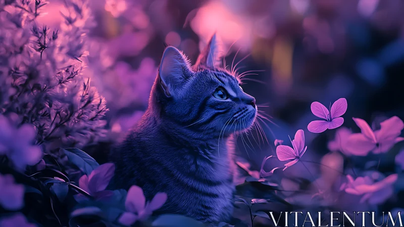Cat Among Luminous Blooms in Ethereal Purple Light.