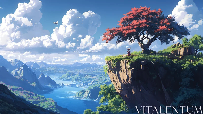 Crimson tree above vast river valley under towering clouds.