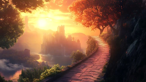 Sunlit stone path overlooks distant castle above river
