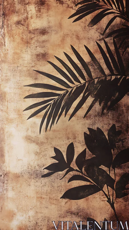 Textured sepia botanical silhouette with layered foliage forms.