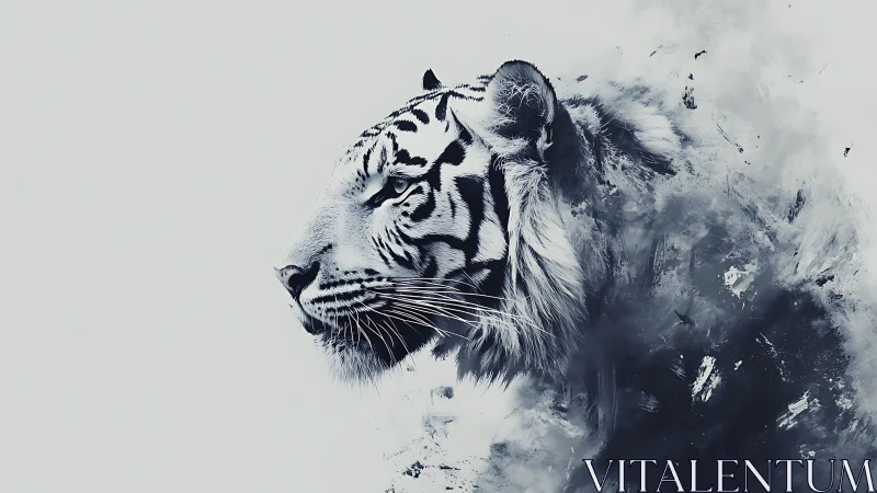 White tiger profile dissolving into abstract ink storm.
