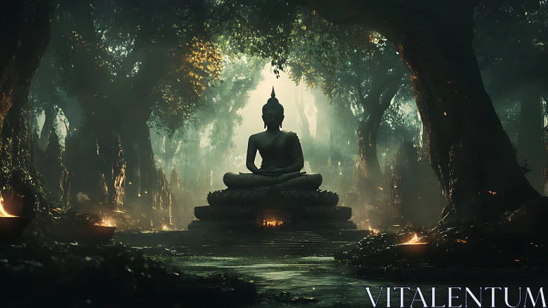 Serene Buddha statue glows softly in a misty forest shrine