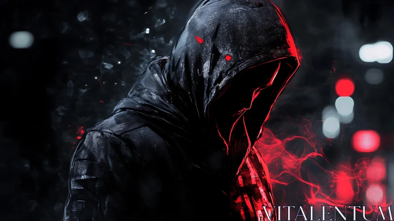 Hooded figure in dark urban scene with red digital accents.