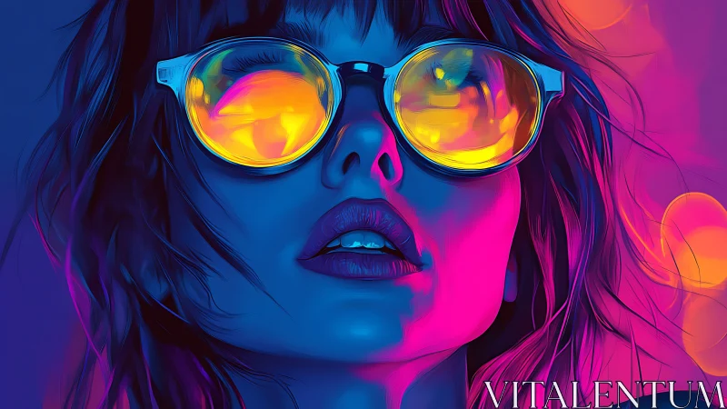 Neon-lit woman in reflective sunglasses gazes into electric night.