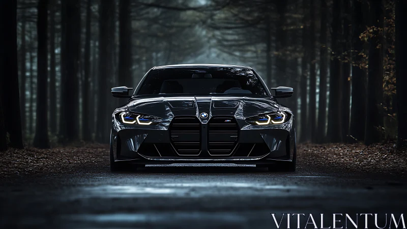 Modern sports sedan is positioned front-on in forest road