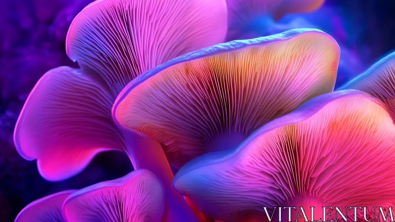 Neon bioluminescent mushrooms in close digital macro study.