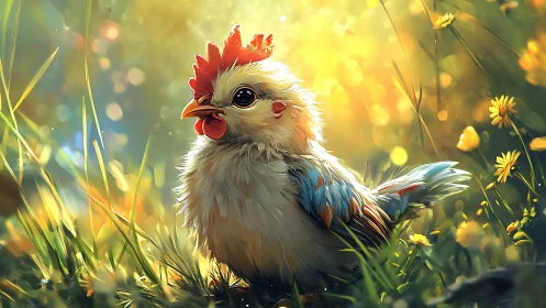 Digital rooster rendering stands in grassy field with flowers and warm sunlight