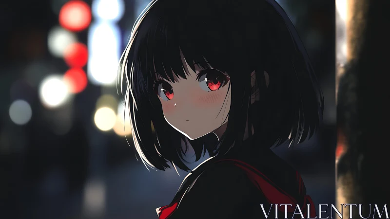 Girl with crimson eyes under neon city night glow.