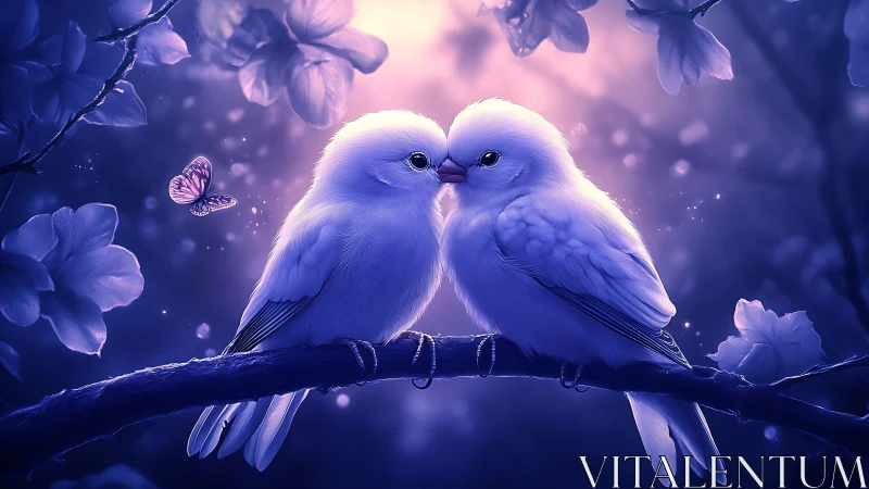 Two White Birds in Dreamy Purple Forest, Fantasy Digital Art.
