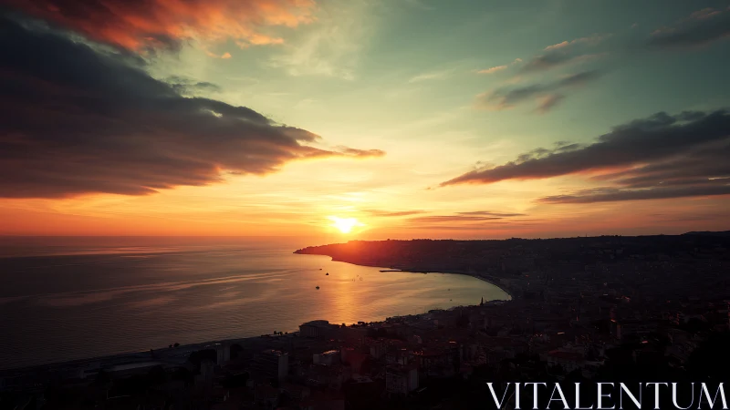 Gentle coastal sunset pouring golden light over a quiet bay.