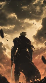 Armored figure stands under dense clouds with drifting embers