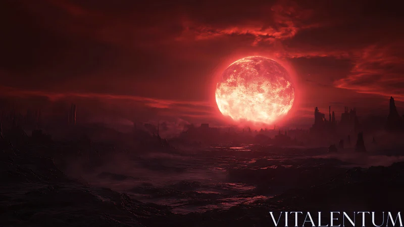 Red celestial body illuminates dark eroded landscape