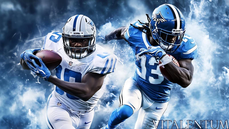 Intense American football duel with two running backs.