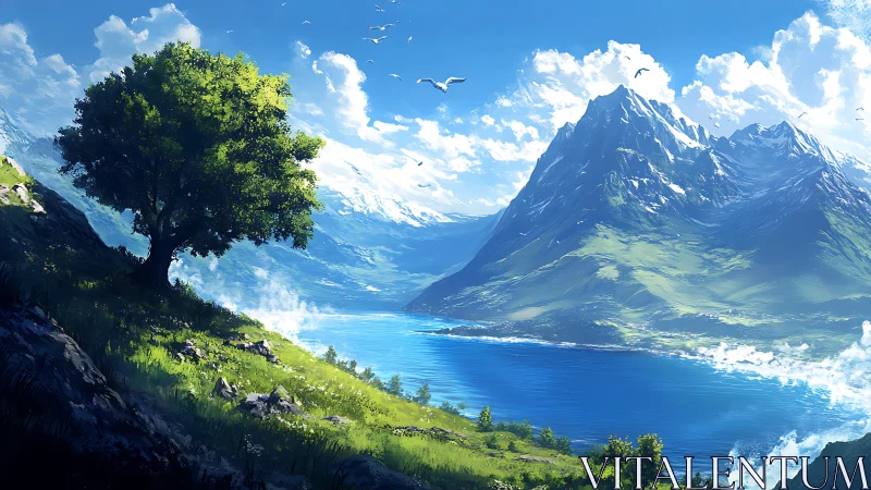 Sunlit lakeside valley unfolds beneath towering blue peaks