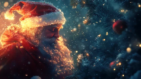 Santa in glowing snowfall beside decorated fir tree.