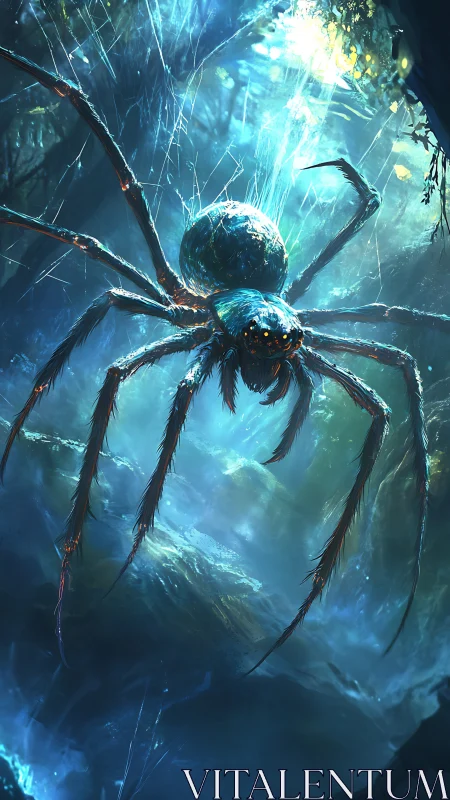 Bioluminescent cavern arachnid under refracted lumen cascade.