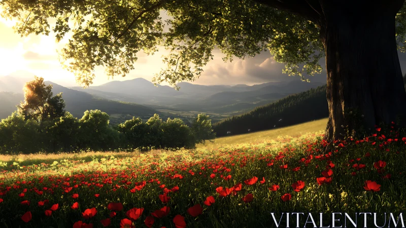 Sunlit poppy meadow unfolds beneath a majestic old tree.