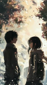 Anime cityscape rendezvous under diffused bokeh foliage light.