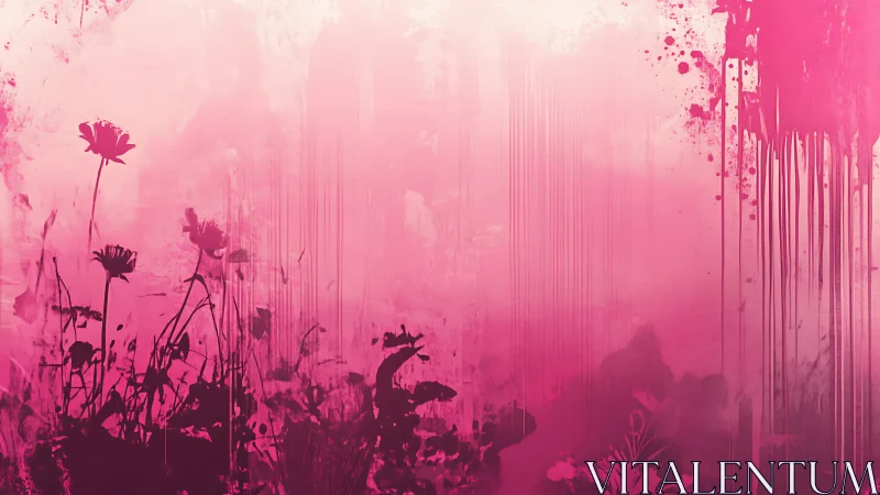 Pink gradient floral silhouettes with abstract paint drips.