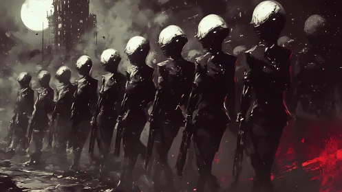 Helmeted android soldiers march through a burning dystopian city