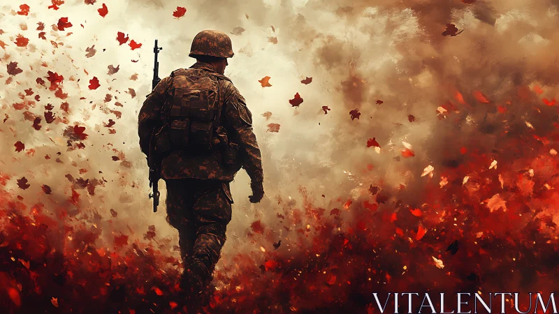 Solitary infantry silhouette in autumnal firestorm of leaves