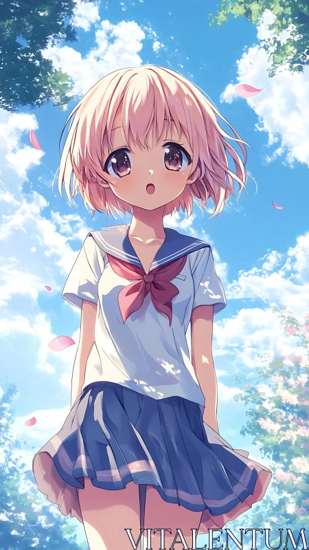 Soft spring sky moment with daydreaming schoolgirl wonder.