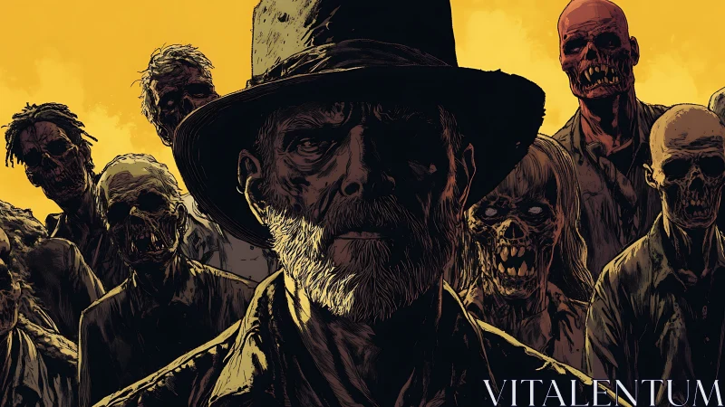 Grizzled survivor leading decayed zombies under ochre sky