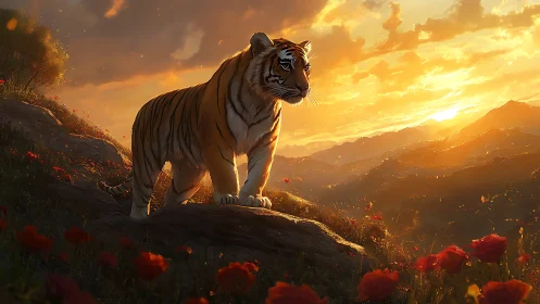 Majestic tiger overlooking glowing sunset valley panorama.