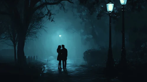 Moonlit Park Romance: Couple Silhouettes Under Luminous Night Sky.