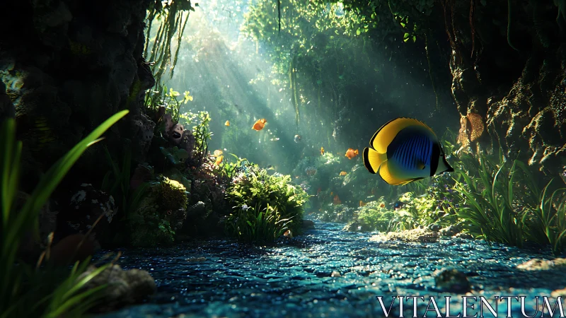 Sunlit coral canyon where a regal reef wanderer glides.