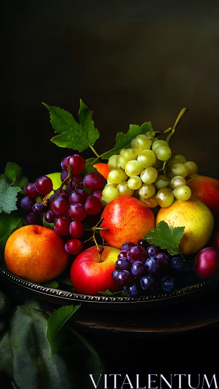Still life arrangement of mixed fresh fruits on dark plate.