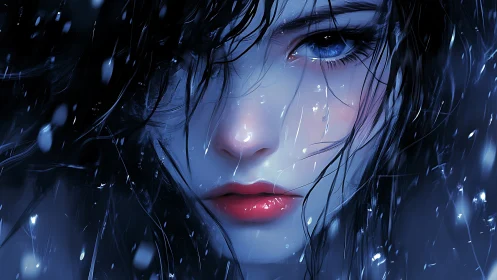 Hyper-detailed wet portrait shows specular-lit blue-eyed face