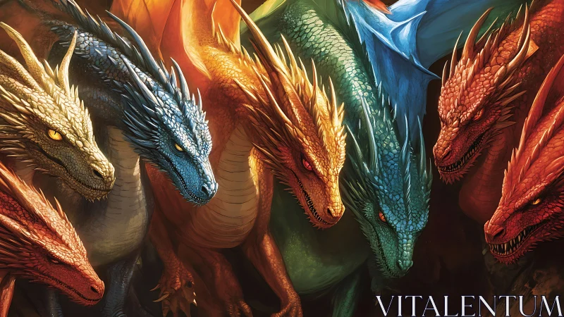 Seven multicolored dragons aligned in a tight formation.