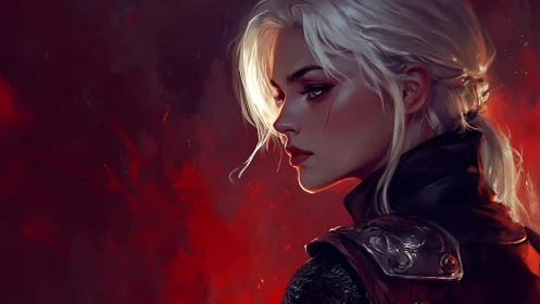 Silver-haired warrior studies the firelit horizon in silence