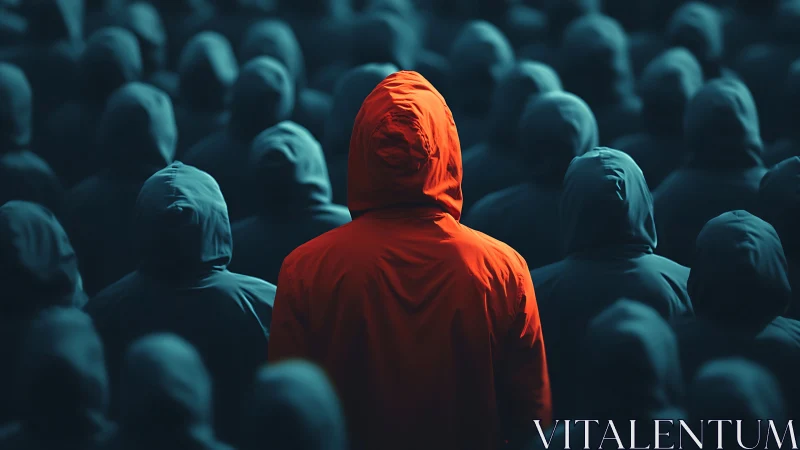 Solitary red hooded figure amid uniform dark crowd.