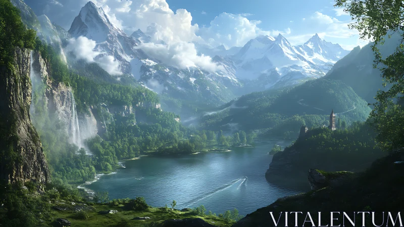 Mountain lake valley with waterfalls and distant tower.