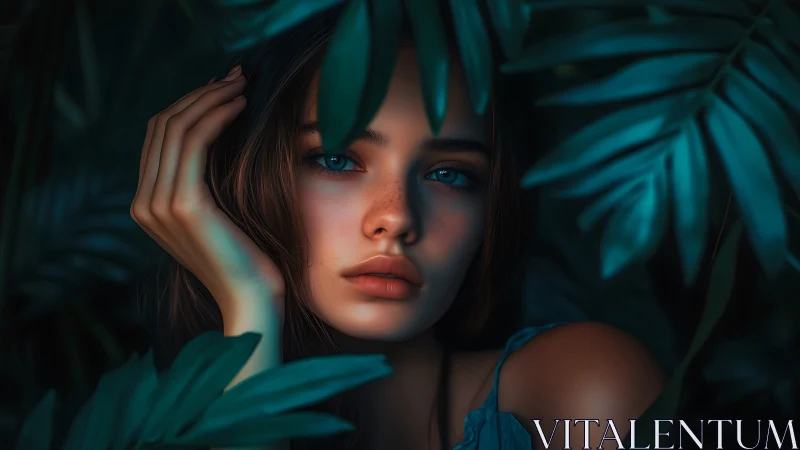 Portrait of a young woman framed by dense tropical foliage